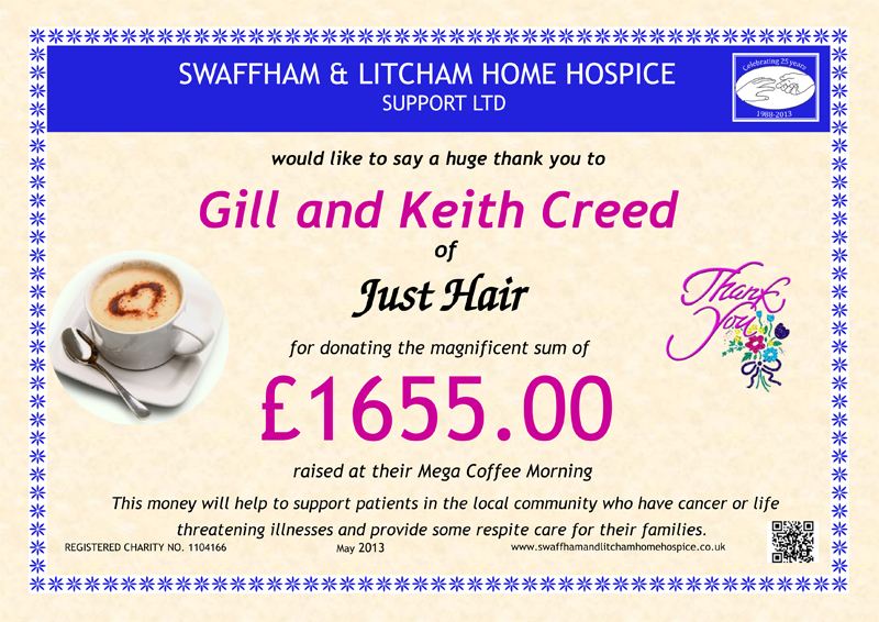 Gill & Keith Creed of Just Hair - May - £1655