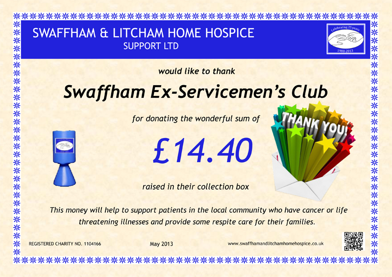 Swaffham Exservicemen's Club - May - £14.40