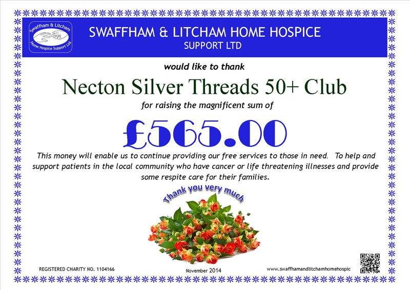 Necton Silver Threads 50+ Club raised this magnificent amount