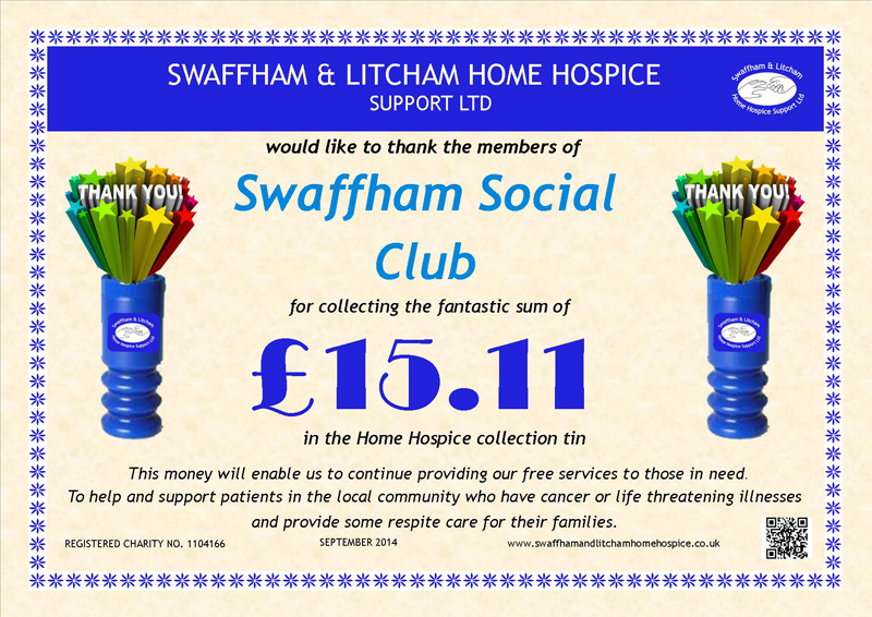 Swaffham Social Club collection tin donation