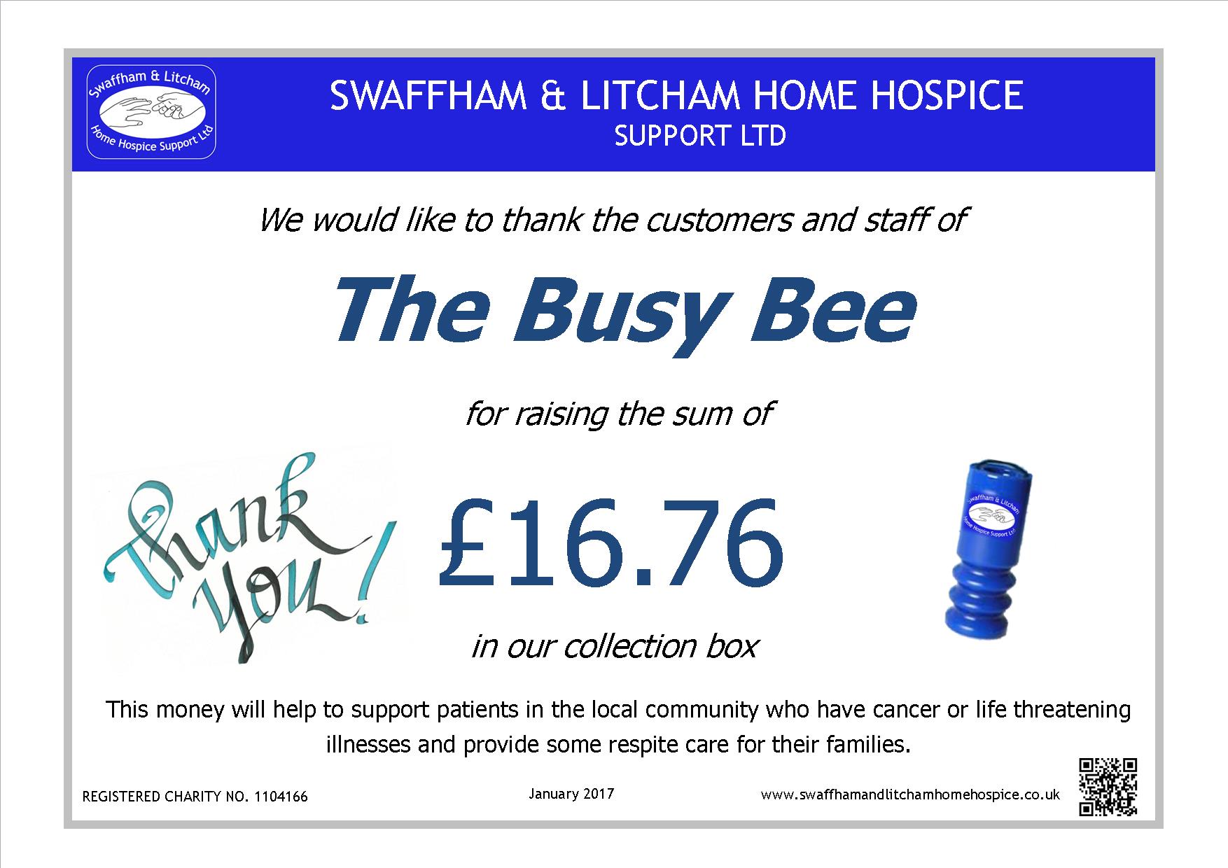 Money raised by Customer and Staff at the Busy Bee, January 2017