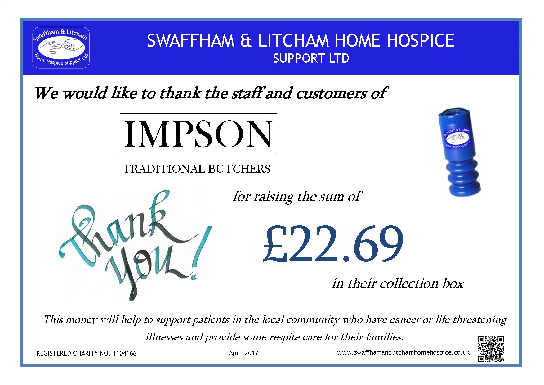 Money raised by Customer and Staff at Impson's April 2017